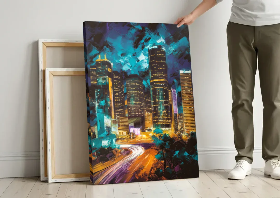 Houston Urban Nights canvas wall art leaning against a wall next to blank canvases