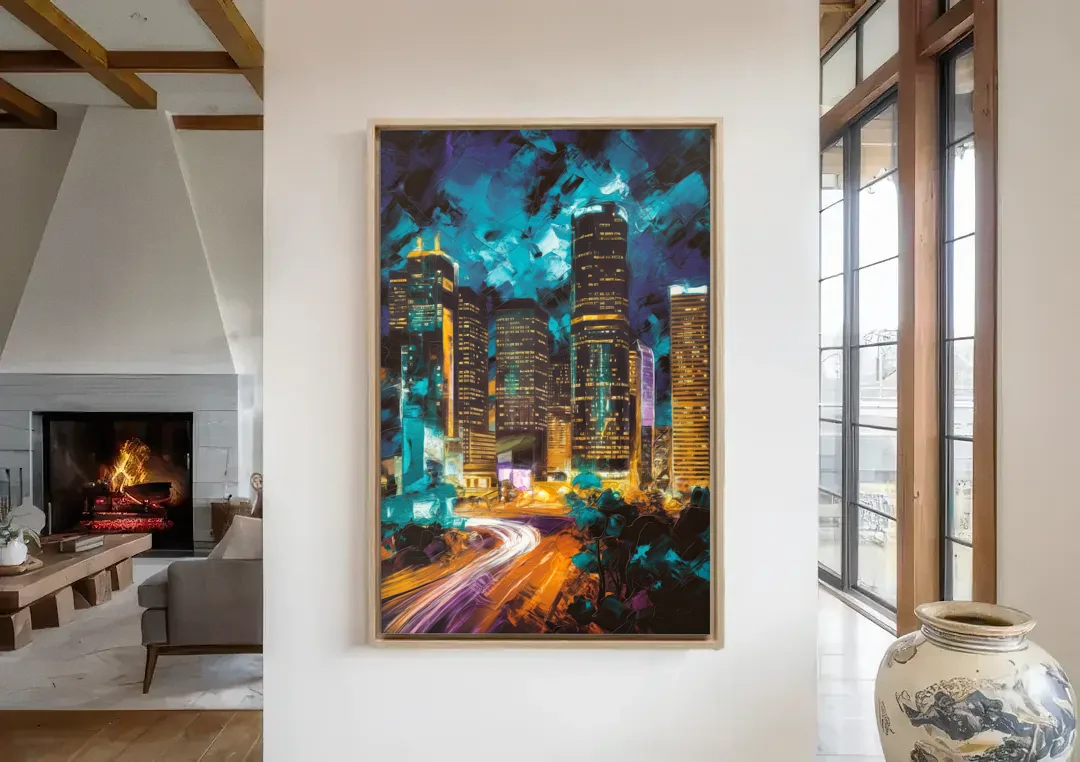 Houston Urban Nights canvas wall art in a living room with a fireplace