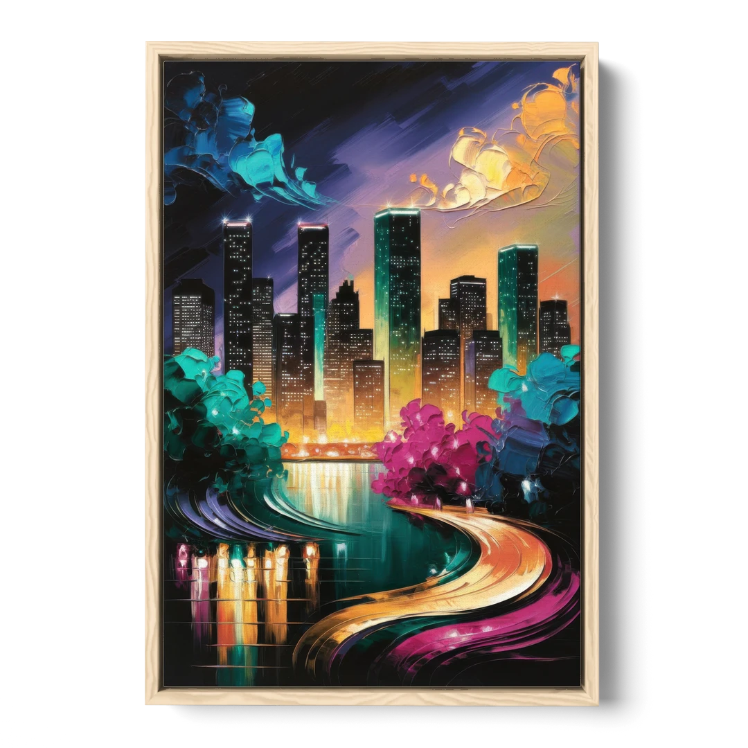 Houston Vibrant Nights - Oak Framed Canvas Wall Art - Front