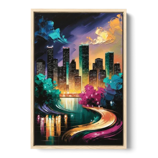 Houston Vibrant Nights - Oak Framed Canvas Wall Art - Front