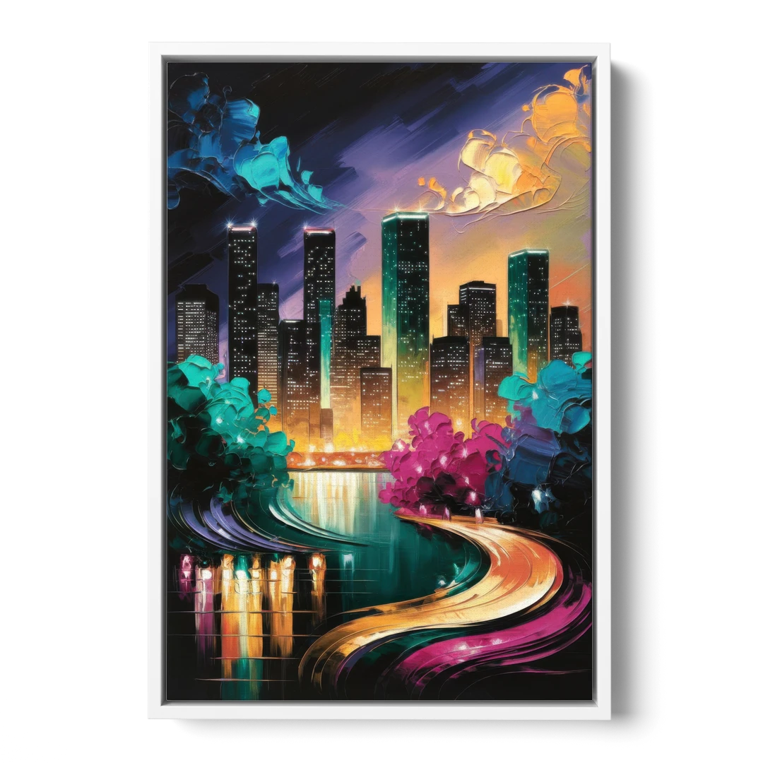 Houston Vibrant Nights - White Framed Canvas Wall Art - Front