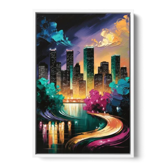 Houston Vibrant Nights - White Framed Canvas Wall Art - Front