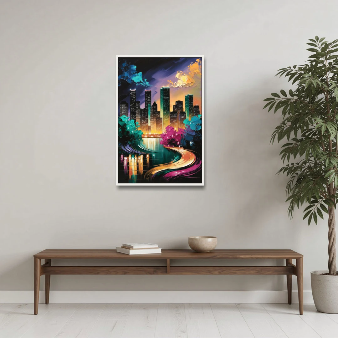 Houston Vibrant Nights - White Framed Canvas Wall Art - Coffee Table - 24x36