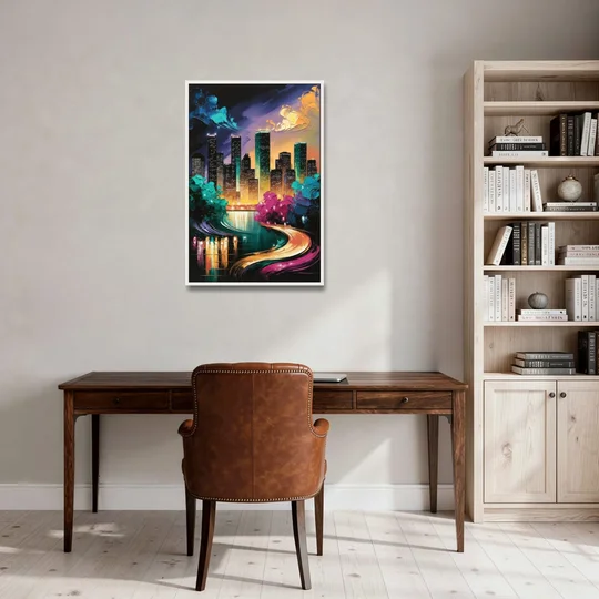 Houston Vibrant Nights - White Framed Canvas Wall Art - Office - 24x36