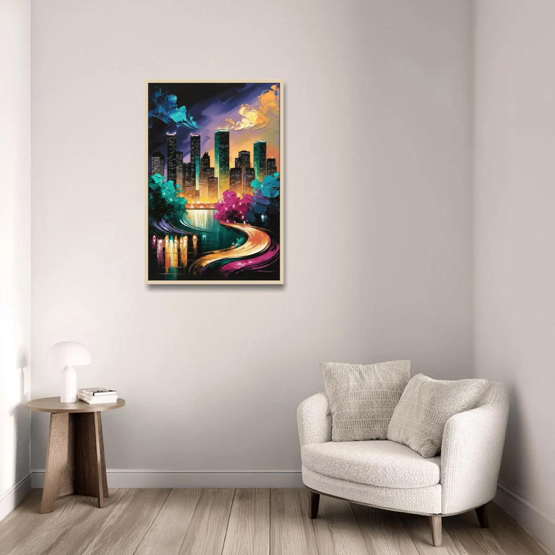 Houston Vibrant Nights - Oak Framed Canvas Wall Art - Sofa - 24x36