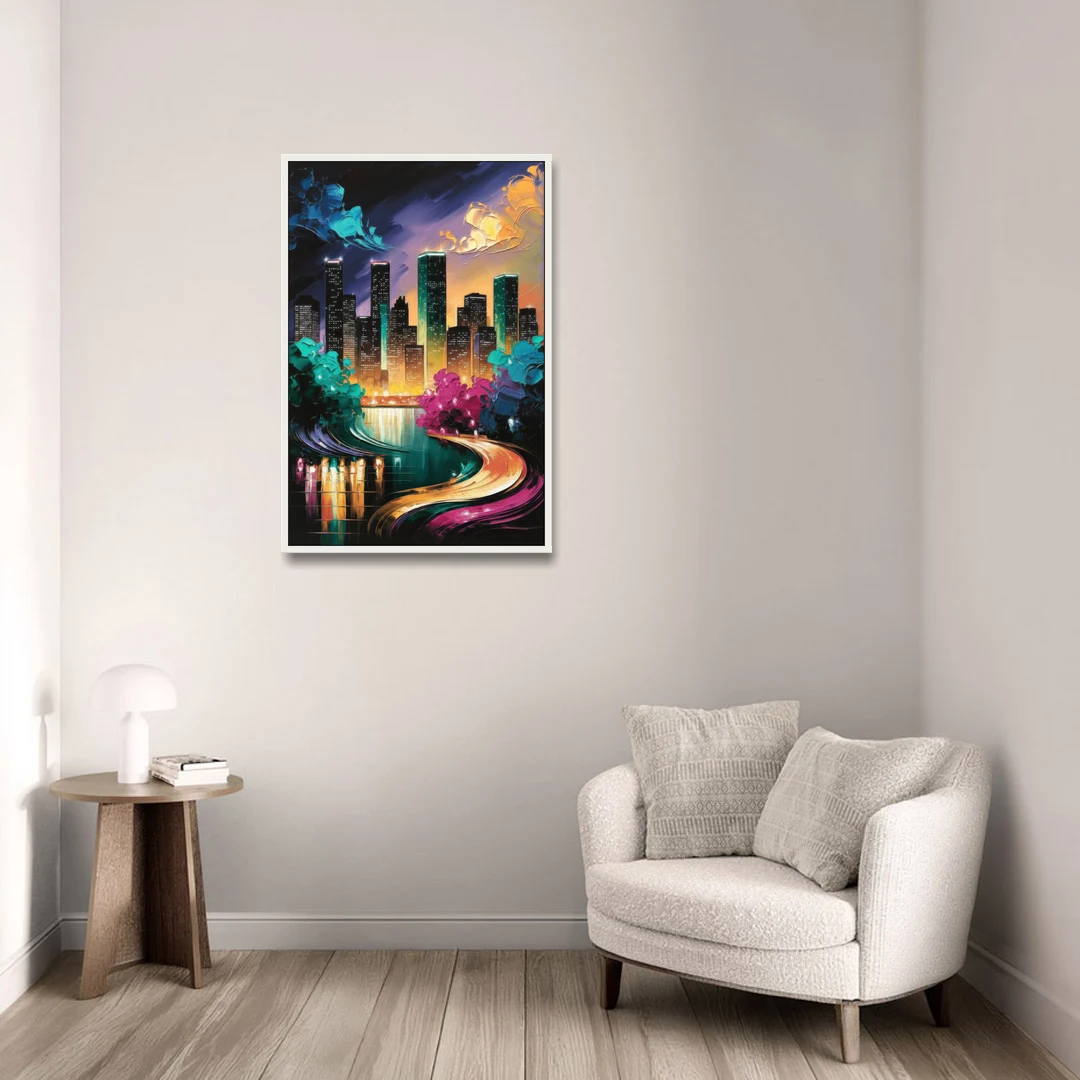 Houston Vibrant Nights - White Framed Canvas Wall Art - Sofa - 24x36