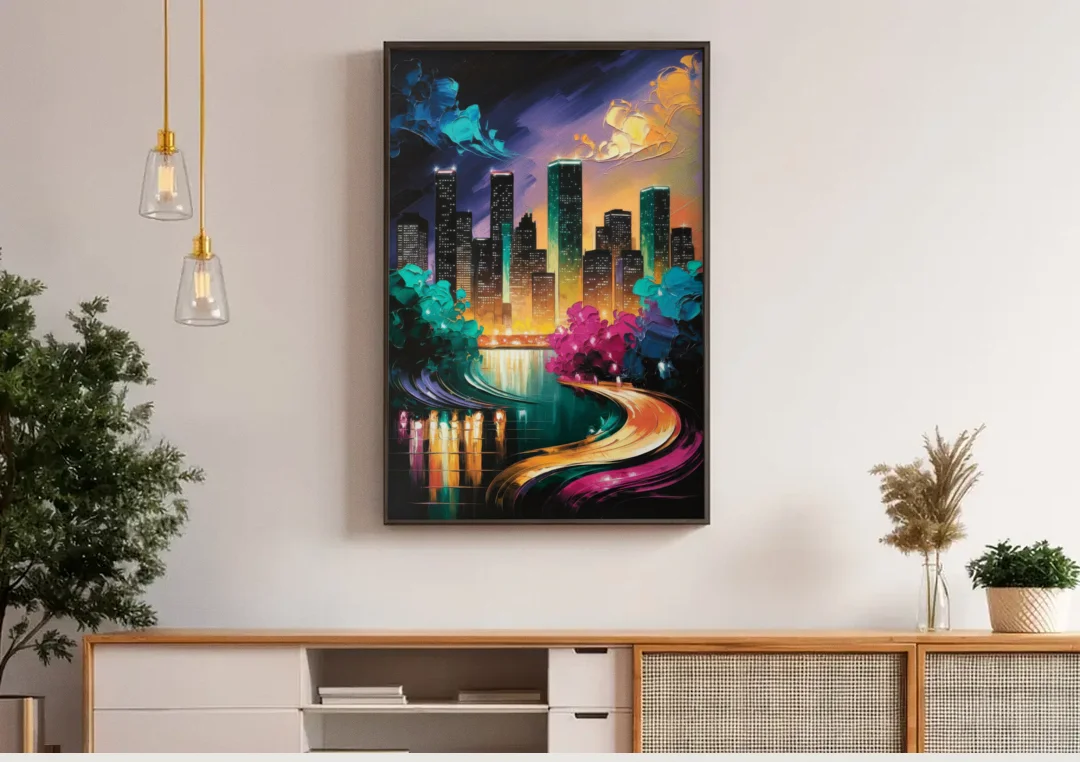 Houston Vibrant Nights canvas wall art above a wooden sideboard under pendant lights