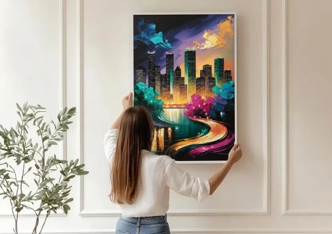 Houston Vibrant Nights canvas wall art being hung on a paneled wall