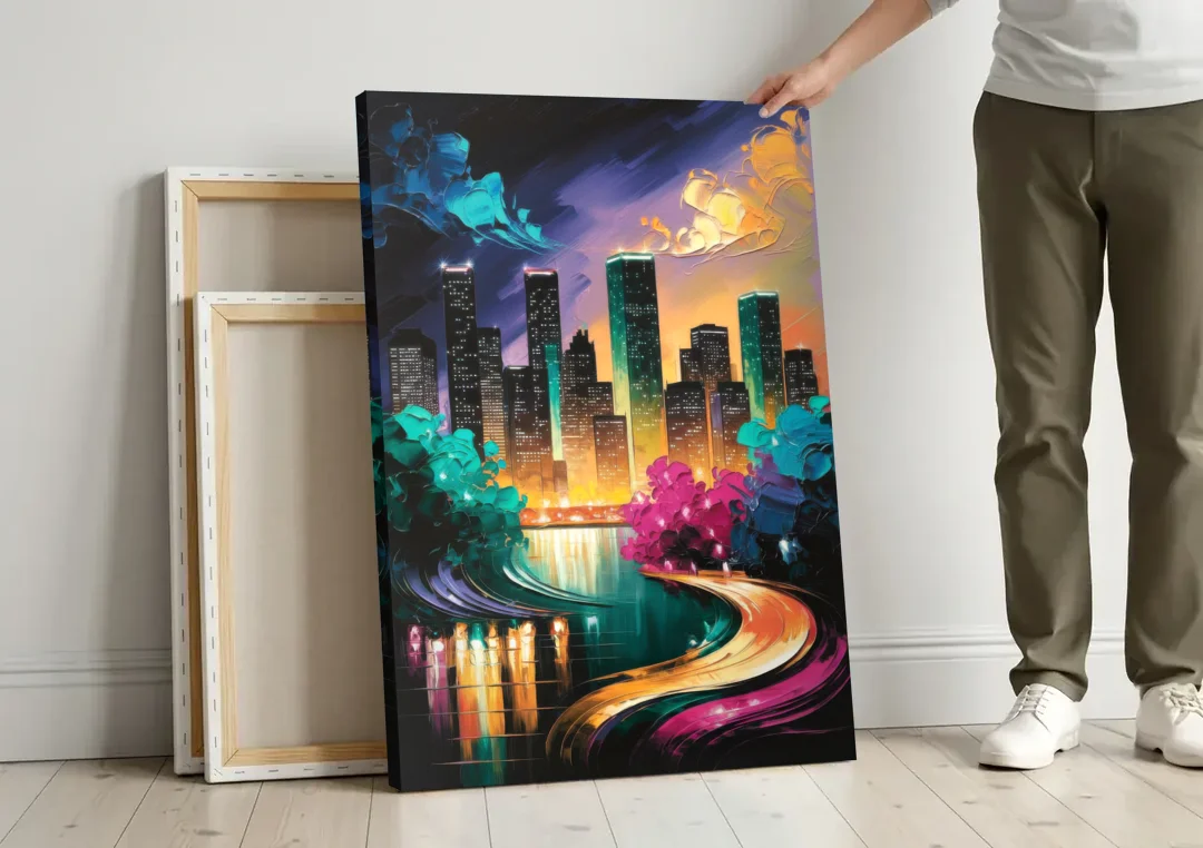 Houston Vibrant Nights canvas wall art leaning against a wall next to blank canvases