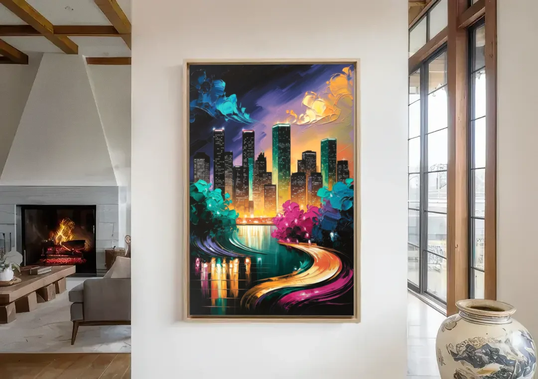 Houston Vibrant Nights canvas wall art in a living room with a fireplace