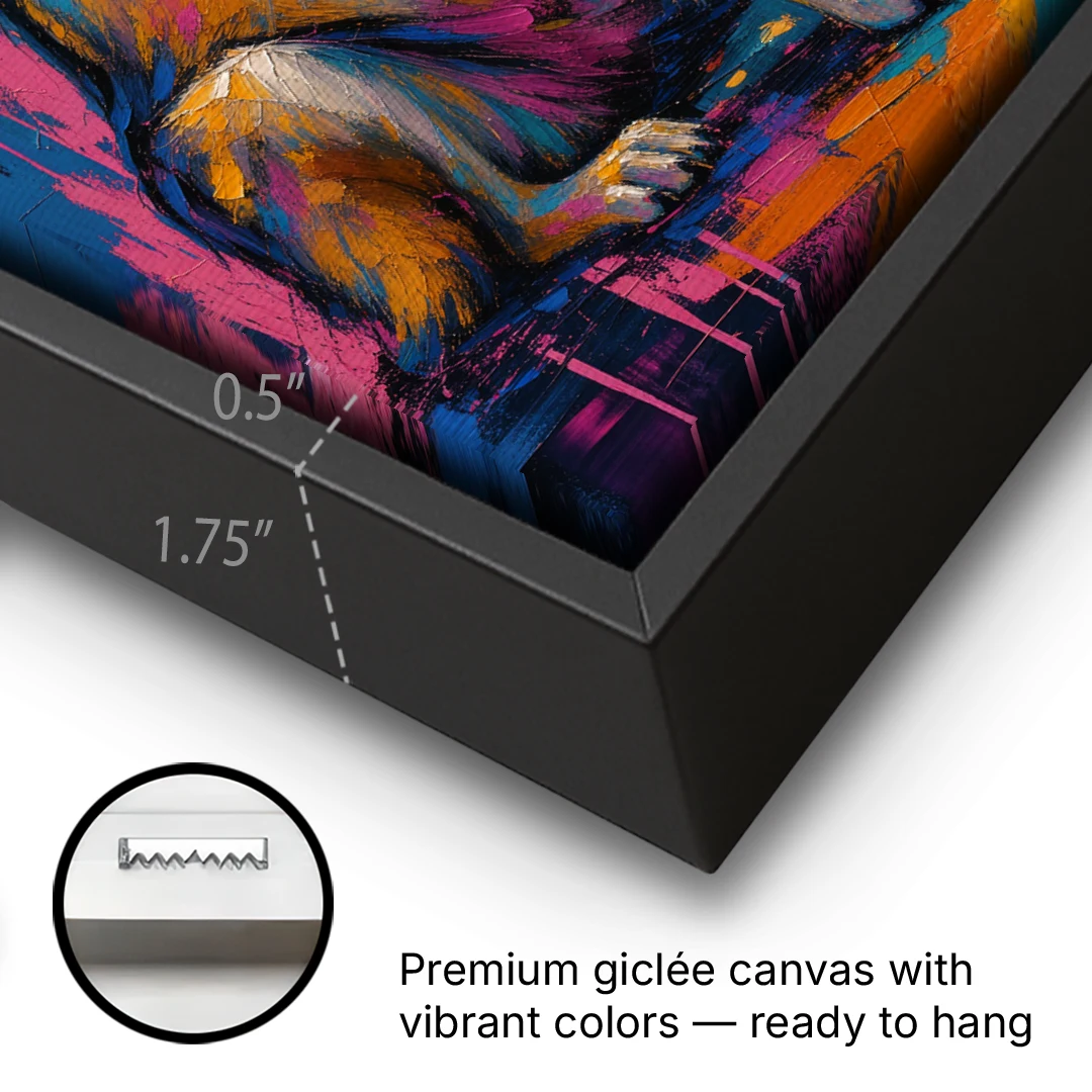 Howling Wolf Painting in Magenta and Teal - Black Framed Canvas Wall Art - Gallery Wrap Corner
