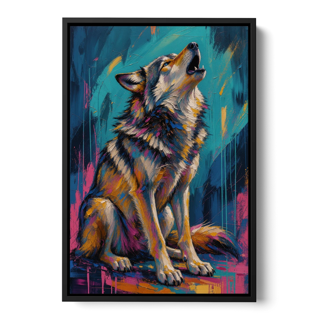 Howling Wolf Painting in Magenta and Teal - Black Framed Canvas Wall Art - Front