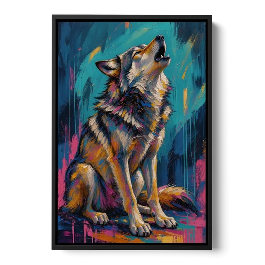 Howling Wolf Painting in Magenta and Teal - Black Framed Canvas Wall Art - Front