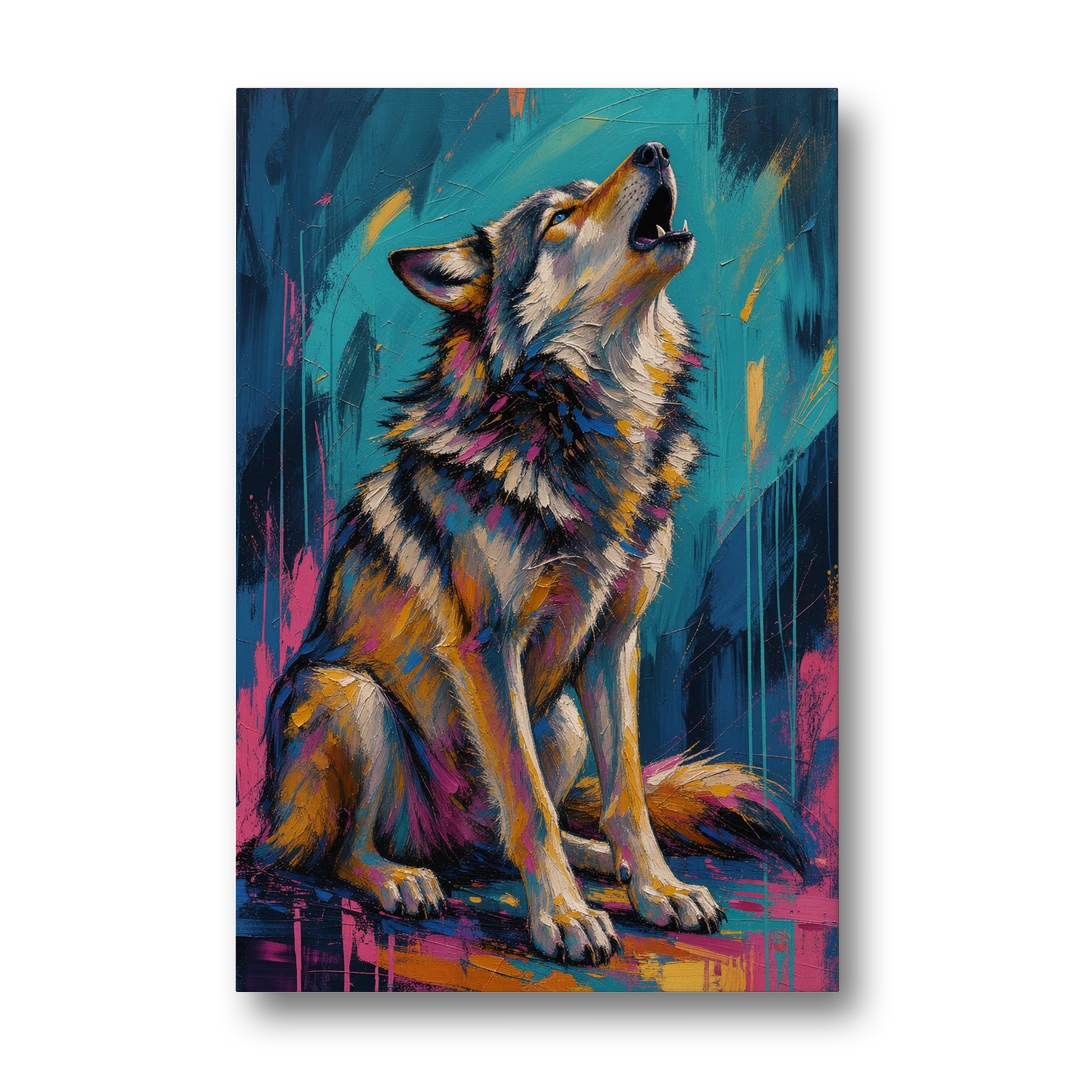 Howling Wolf Painting in Magenta and Teal - Canvas Wall Art - Front