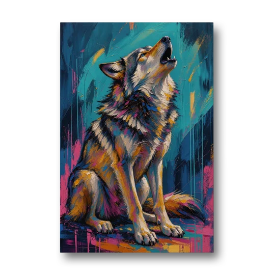 Howling Wolf Painting in Magenta and Teal - Canvas Wall Art - Front