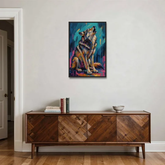 Howling Wolf Painting in Magenta and Teal - Black Framed Canvas Wall Art - Coffee Table - 24x36