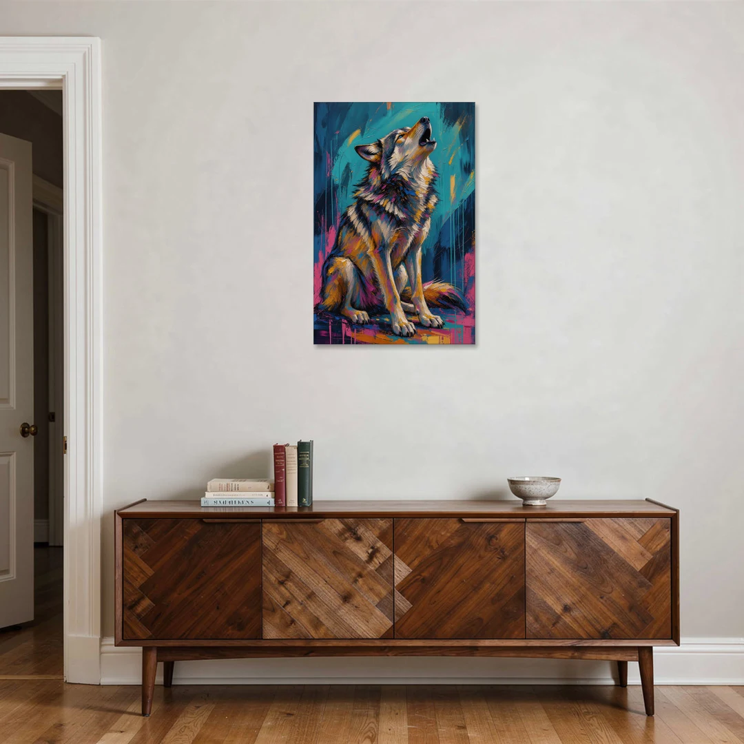 Howling Wolf Painting in Magenta and Teal - Canvas Wall Art - Coffee Table - 24x36