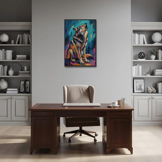 Howling Wolf Painting in Magenta and Teal - Black Framed Canvas Wall Art - Office - 24x36