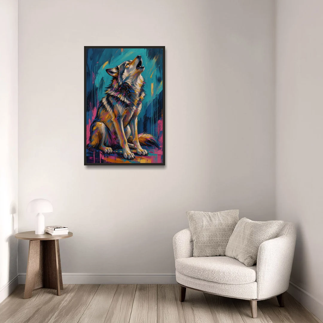 Howling Wolf Painting in Magenta and Teal - Black Framed Canvas Wall Art - Sofa - 24x36