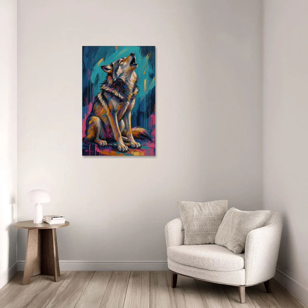 Howling Wolf Painting in Magenta and Teal - Canvas Wall Art - Sofa - 24x36