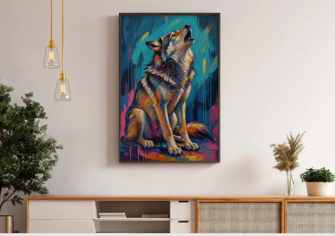 Howling Wolf Painting in Magenta and Teal canvas wall art above a wooden sideboard under pendant lights