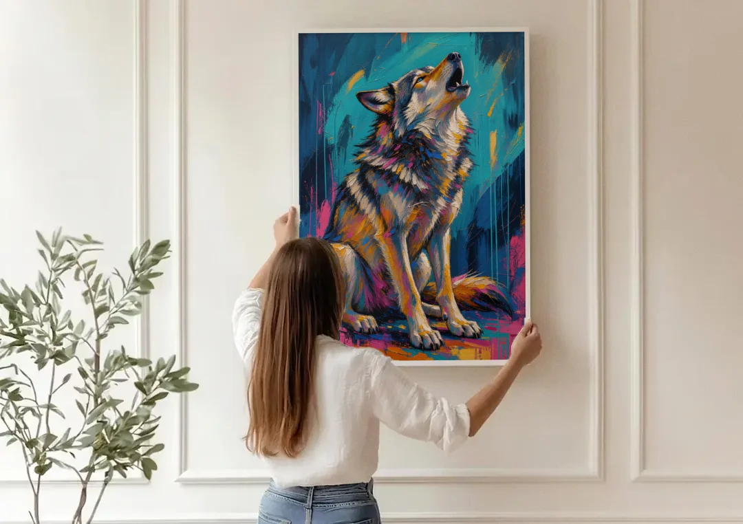 Howling Wolf Painting in Magenta and Teal canvas wall art being hung on a paneled wall