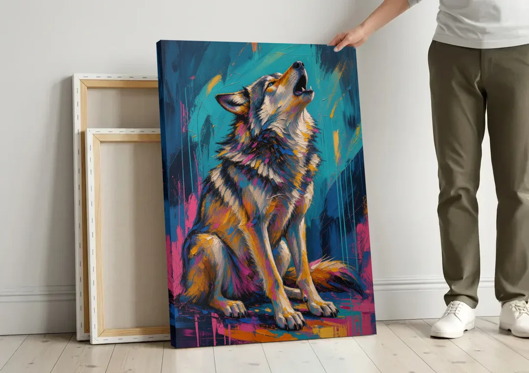 Howling Wolf Painting in Magenta and Teal canvas wall art leaning against a wall next to blank canvases