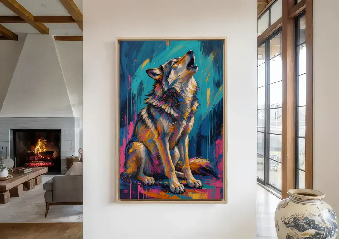 Howling Wolf Painting in Magenta and Teal canvas wall art in a living room with a fireplace