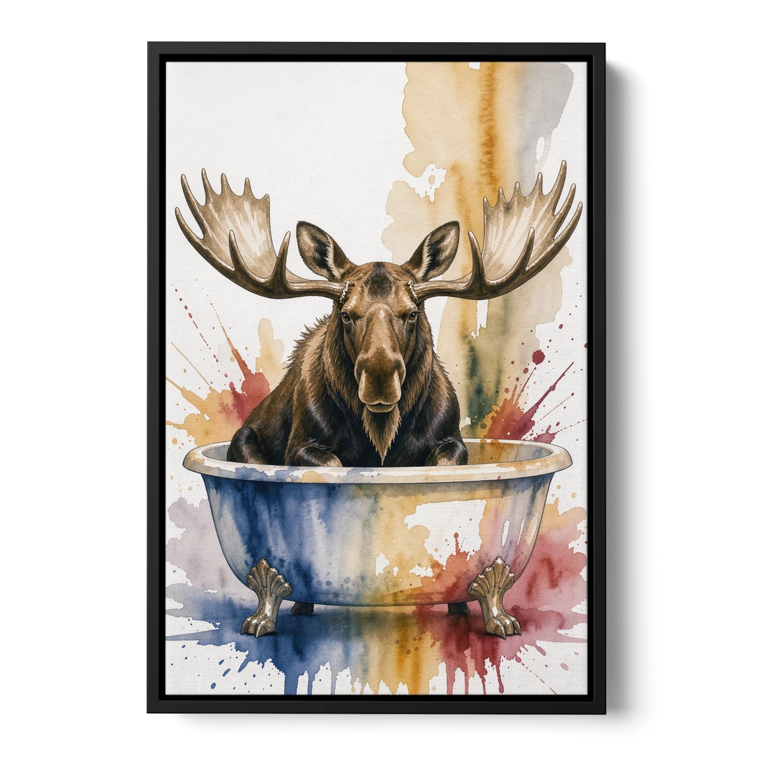 Humorous Bathroom Art Moose with Antlers Over the Tub - Black Framed Canvas Wall Art - Front