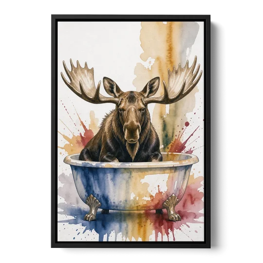 Humorous Bathroom Art Moose with Antlers Over the Tub - Black Framed Canvas Wall Art - Front