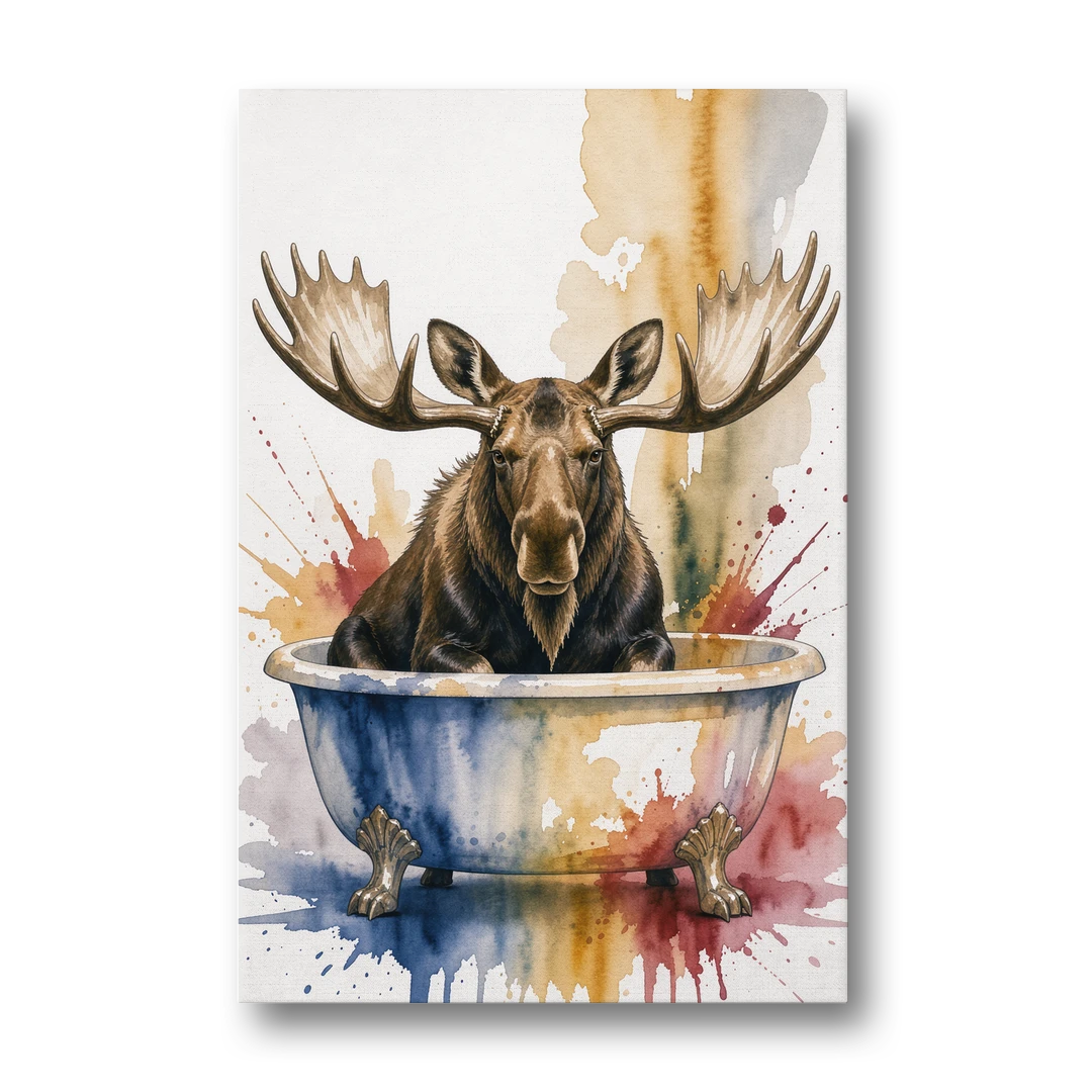 Humorous Bathroom Art Moose with Antlers Over the Tub - Canvas Wall Art - Front