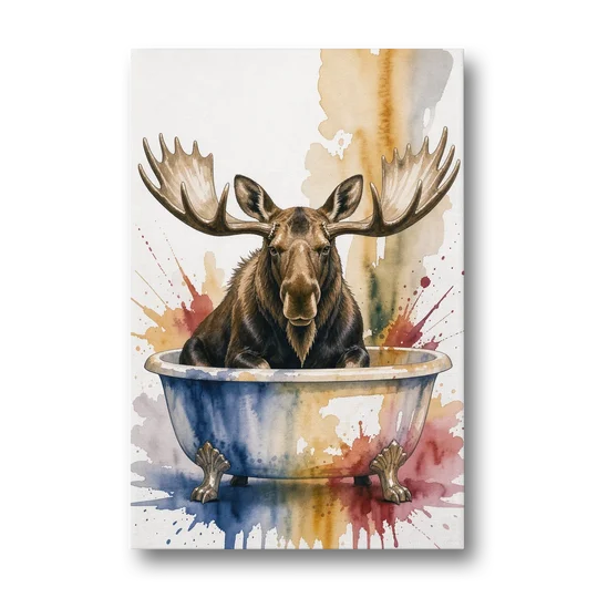 Humorous Bathroom Art Moose with Antlers Over the Tub - Canvas Wall Art - Front