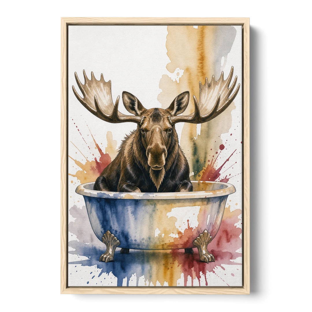 Humorous Bathroom Art Moose with Antlers Over the Tub - Oak Framed Canvas Wall Art - Front