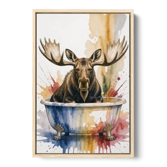 Humorous Bathroom Art Moose with Antlers Over the Tub - Oak Framed Canvas Wall Art - Front