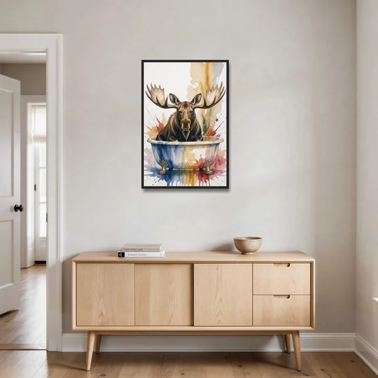 Humorous Bathroom Art Moose with Antlers Over the Tub - Black Framed Canvas Wall Art - Coffee Table - 24x36