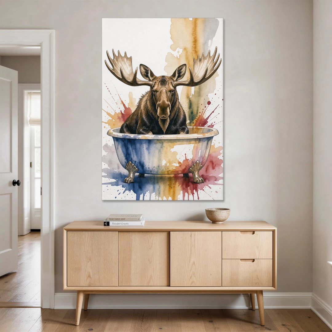 Humorous Bathroom Art Moose with Antlers Over the Tub - Canvas Wall Art - Coffee Table - 40x60