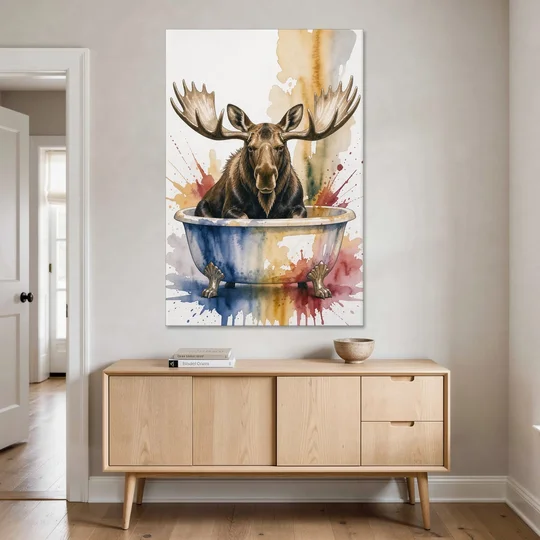 Humorous Bathroom Art Moose with Antlers Over the Tub - Canvas Wall Art - Coffee Table - 40x60