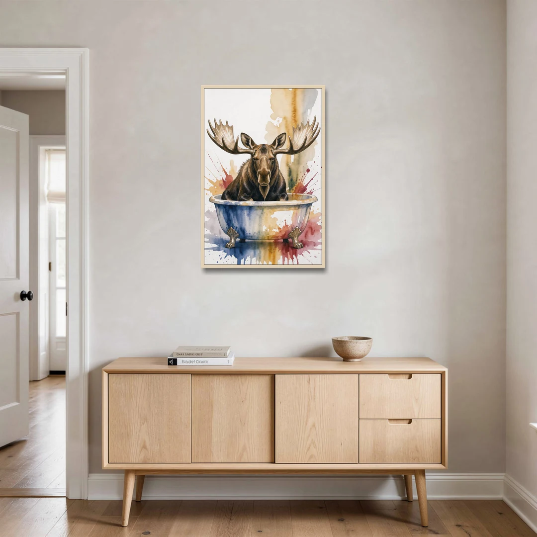 Humorous Bathroom Art Moose with Antlers Over the Tub - Oak Framed Canvas Wall Art - Coffee Table - 24x36