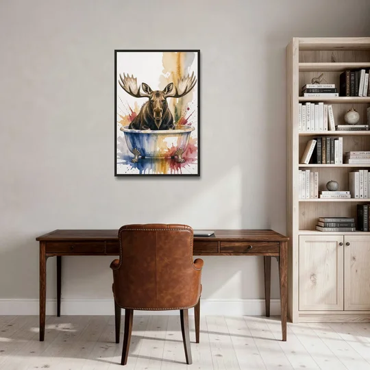 Humorous Bathroom Art Moose with Antlers Over the Tub - Black Framed Canvas Wall Art - Office - 24x36