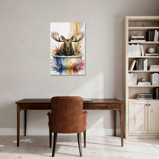Humorous Bathroom Art Moose with Antlers Over the Tub - Canvas Wall Art - Office - 24x36