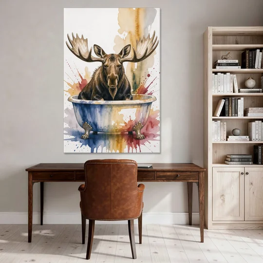 Humorous Bathroom Art Moose with Antlers Over the Tub - Canvas Wall Art - Office - 40x60