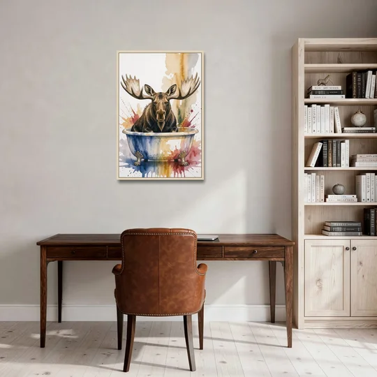 Humorous Bathroom Art Moose with Antlers Over the Tub - Oak Framed Canvas Wall Art - Office - 24x36