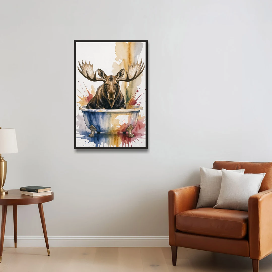 Humorous Bathroom Art Moose with Antlers Over the Tub - Black Framed Canvas Wall Art - Sofa - 24x36