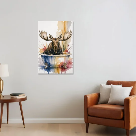 Humorous Bathroom Art Moose with Antlers Over the Tub - Canvas Wall Art - Sofa - 24x36
