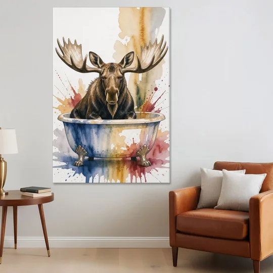 Humorous Bathroom Art Moose with Antlers Over the Tub - Canvas Wall Art - Sofa - 40x60