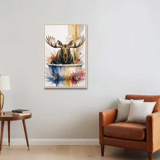 Humorous Bathroom Art Moose with Antlers Over the Tub - Oak Framed Canvas Wall Art - Sofa - 24x36