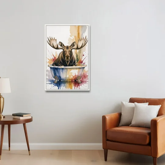 Humorous Bathroom Art Moose with Antlers Over the Tub - White Framed Canvas Wall Art - Sofa - 24x36