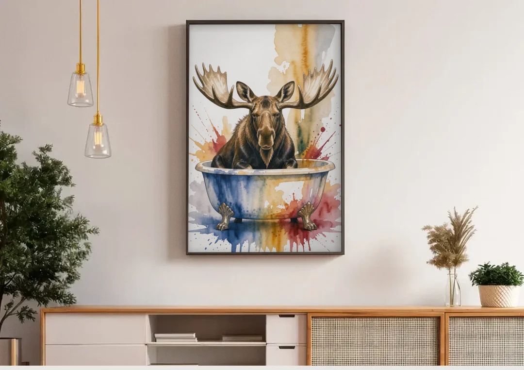 Humorous Bathroom Art Moose with Antlers Over the Tub canvas wall art above a wooden sideboard under pendant lights
