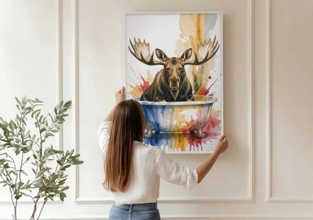 Humorous Bathroom Art Moose with Antlers Over the Tub canvas wall art being hung on a paneled wall