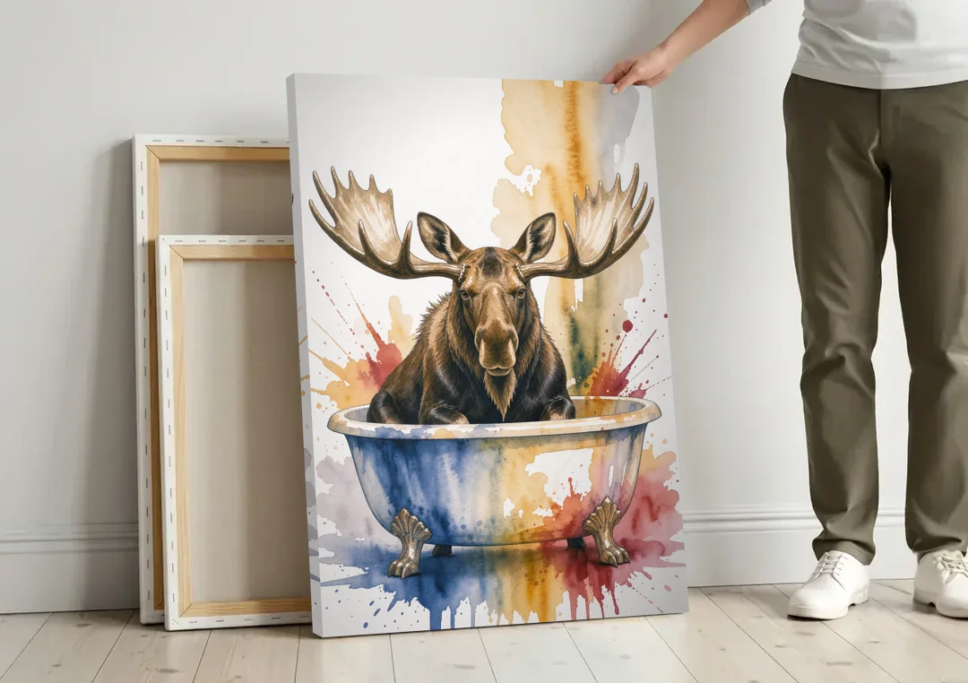 Humorous Bathroom Art Moose with Antlers Over the Tub canvas wall art leaning against a wall next to blank canvases